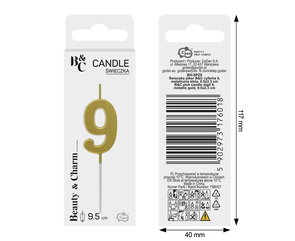 B&C pick candle digit 9, metallic gold,  total lenght 9,5 cm